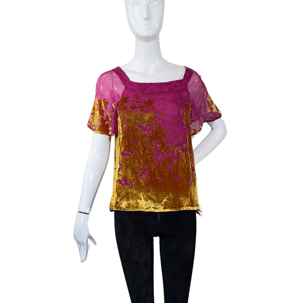 Anthropologie Maeve Ombré Shimmer Velvet & Silk Hot Pink/Gold Flutter Sleeve Top